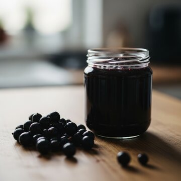 Fresh homemade blackcurrant jam in glass jar on kitchen counter