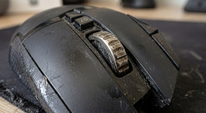 Close-up of an old, dirty mouse