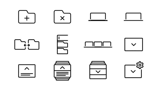 Streamlined user interface vector icons for managing files, customizing layouts, and accessing settings in web applications and software design