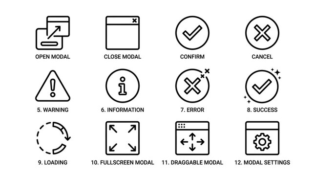 Collection of essential outline vector icons for modern user interface and experience design, perfect for web, mobile apps, and digital product development projects