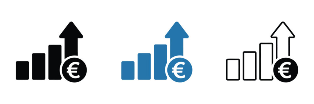 Cost increase vector symbols, euro growth icons set, financial inflation concept, rising price indicators, economy crisis signs, business analytics elements, flat design illustration