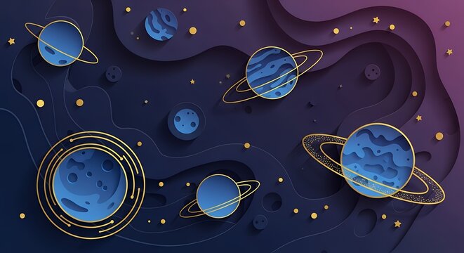 Abstract Galactic Vista with Layered Planets and Golden Orbits in a Modern Paper Cut Design