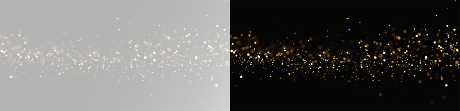 Golden glitter dust overlay with sparkling glowing particles, universal gold dust application png

