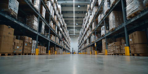 Fototapeta premium Rows of neatly stacked boxes on warehouse shelves, viewed from a ground-level perspective. The image captures the scale and organization of a distribution center