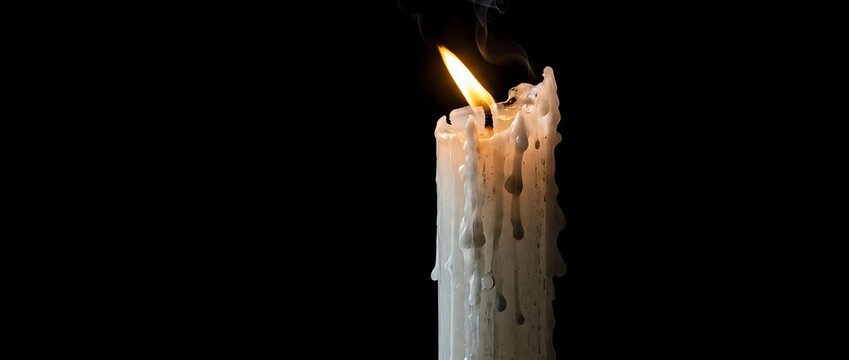White candle burning with melted wax dripping down sides against dark background creating atmospheric mood lighting for meditation and relaxation.