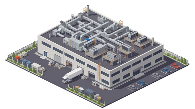 Isometric illustration of a modern industrial factory building with loading docks, trucks, and delivery vehicles, showcasing manufacturing and logistics infrastructure