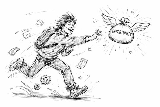 Messy doodle opportunity sketch hustle simple icon image running after lines vector