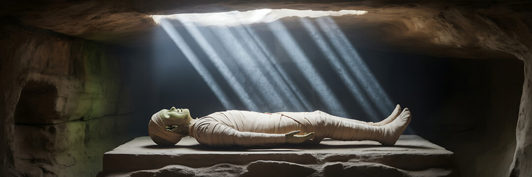 Ancient Egyptian Mummy in Tomb with Sun Rays graphic
