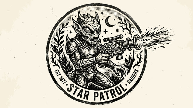 Alien creature with laser gun in circular emblem vector illustration