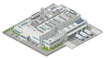 Fototapeta premium Isometric illustration of a modern industrial warehouse or data center with loading docks and delivery trucks, conveying logistics and technology