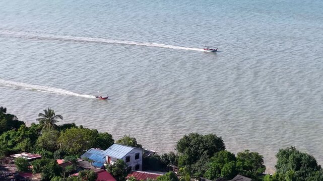 Aerial drone view of fishing boats at Pennag coast