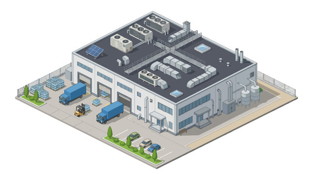 Isometric illustration of a modern industrial factory complex featuring warehouses, loading docks, delivery trucks, and solar panels on the roof