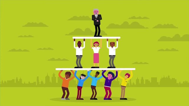 Group of people forming human pyramid teamwork concept, cooperation and support for success, unity and collaboration animation scene
