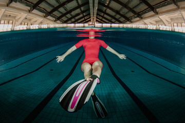Woman swimming underwater in red swimsuit with flippers split shot view in a modern indoor pool © Zamrznuti tonovi