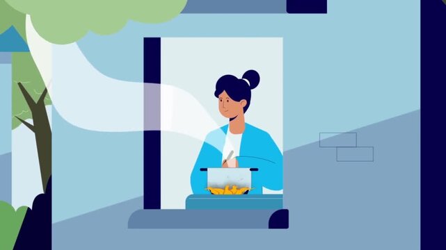 Woman working at office desk with computer near window, corporate job and productivity concept, modern workspace animation scene