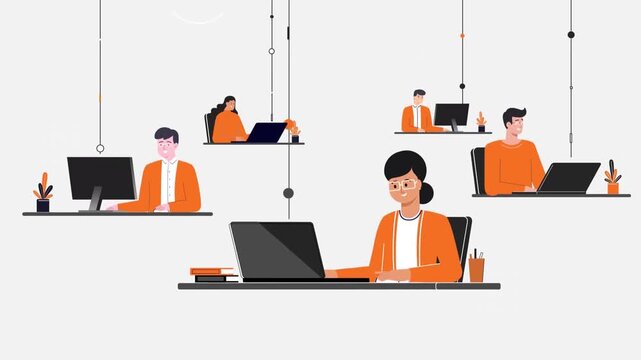 Busy office workspace with employees working on laptops, corporate teamwork and productivity concept, modern business animation scene