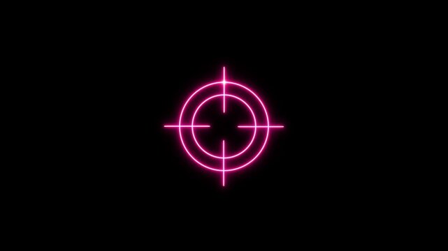 Neon pink target reticle overlay, glowing digital crosshair aiming point for gaming, hud interface, and motion