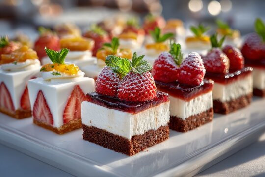 Close-up of assorted mini berry desserts on tray, featuring strawberry cheesecake squares with mint and berries, and white mousse squares edged with strawberry halves, ideal for wedding display