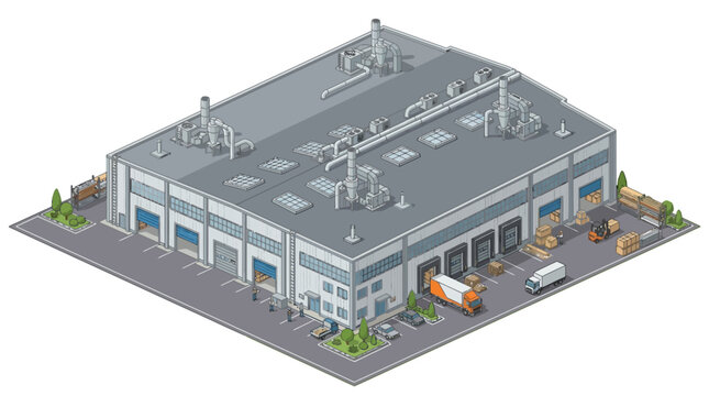 Detailed isometric vector illustration showcasing a contemporary industrial building functioning as a logistics hub or distribution warehouse, complete with delivery trucks and active loading docks