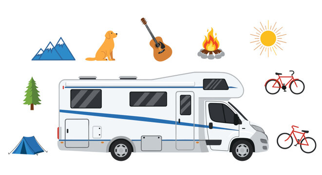 A white camper van is accompanied by icons of mountains, a dog, a guitar, a campfire, a sun, and two bicycles on a clean, bright, minimalist white background.