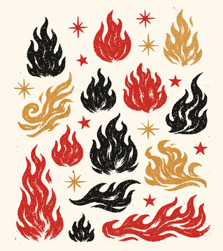 Hand drawn fire flame star collage icon, doodle scrapbook sticker style, vector brush crayon flame, cutout grunge graffiti symbol, vintage paper sketch illustration, punk rock pattern background