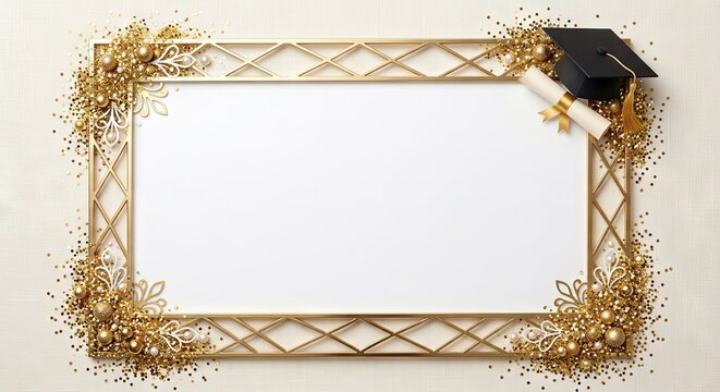 A white rectangular frame bordered with gold geometric lines, glitter, and a graduation cap with a diploma