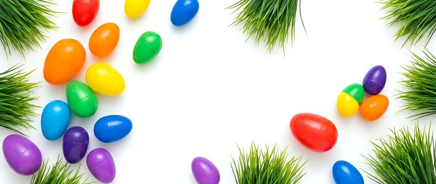 Colorful Easter eggs scattered on white background with fresh green grass border frame for spring holiday celebration and festive decoration design.