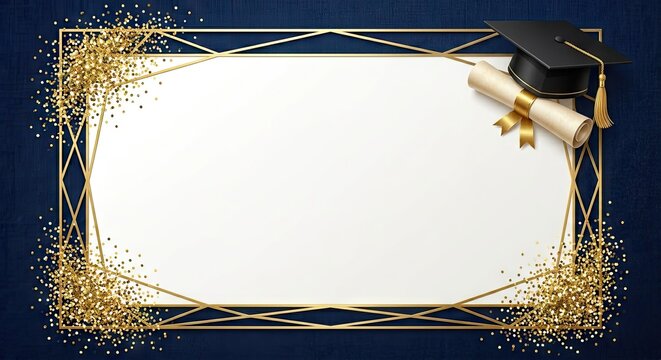 A graduation-themed frame with a black cap and diploma set against a dark blue background with gold glitter