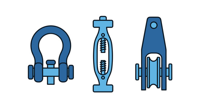 Industrial marine hardware components featuring a heavy duty shackle and a stainless steel turnbuckle displayed against a clean bright white background.