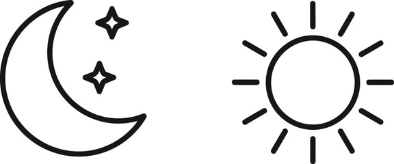 A minimalist black line art icon featuring a crescent moon with stars and a radiant sun symbol. Vector © Mst