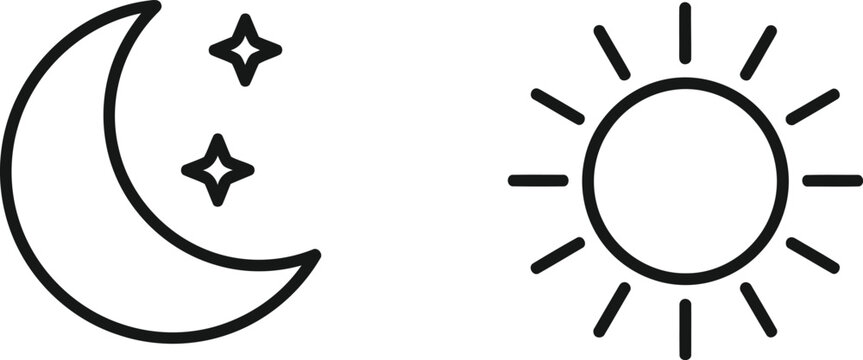 A minimalist black line art icon featuring a crescent moon with stars and a radiant sun symbol. Vector