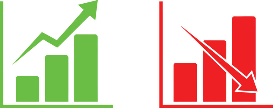 A comparison of two financial bar charts showing growth in green and a decline in red color theme. Vector