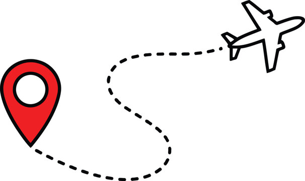 A simple line drawing of an airplane departing from a bright red map location pin on white background Vector