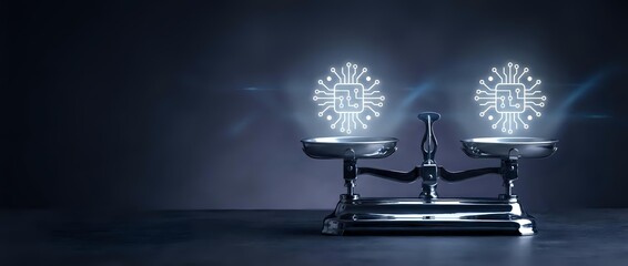 Naklejka premium Vintage balance scale with ornate snowflake decorations on dark blue background for winter holiday themes and festive seasonal designs.
