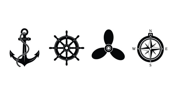 Detailed nautical icons featuring a classic anchor ship wheel propeller and compass rose displayed in a clean minimalist black silhouette on white background.