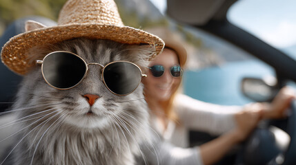 Obraz premium Adorable cat driving car, wearing round glasses and a straw hat, dressed in a tropical shirt, enjoying a fun summer road trip adventure against a blurred waterside background