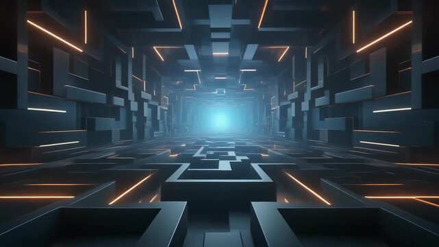 Futuristic digital maze tunnel with glowing lights and geometric patterns