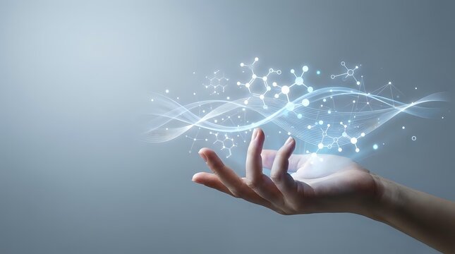 Human hand holding glowing network connections with sparkling light effects representing digital technology innovation and connectivity solutions.