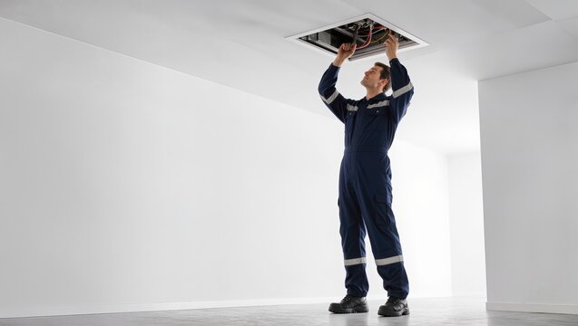 A maintenance worker in a navy blue uniform is shown inspecting and repairing a ceiling vent in a bright white room, highlighting the importance of regular building maintenance and upkeep.