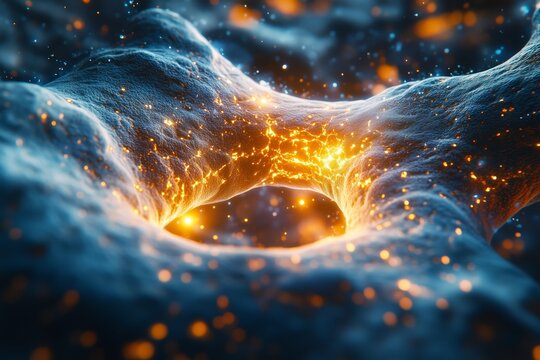 Macro view of luminous microbes in motion, abstract microscopic world suited for pharma ads, lab posters and education