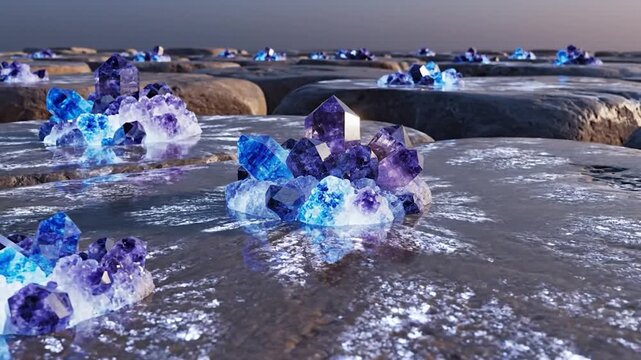 Stunning blue and purple amethyst crystal clusters glowing on a wet, rocky stone ground surface landscape