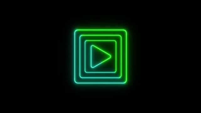 Glowing neon play button icon made with two different color on black background. Play icon, video play icon for website.