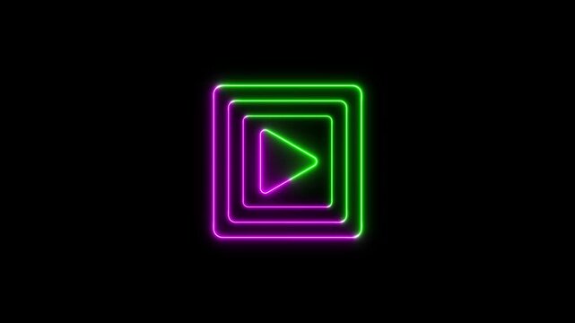 Glowing neon play button icon made with two different color on black background. Play icon, video play icon for website.