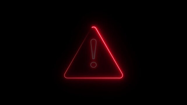 Glowing neon Warning attention icon signal on black background. Animation of alert icon , risk icon , safety icon, danger icon with exclamation looped animation. Emergency issue concept.