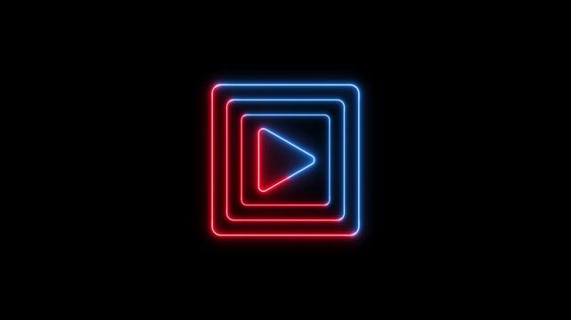 Glowing neon play button icon made with two different color on black background. Play icon, video play icon for website.