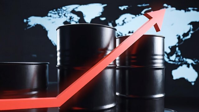 Three black oil barrels stand before a glowing blue world map as a clean diagonal red arrow rises sharply upward, representing global crude oil price growth.