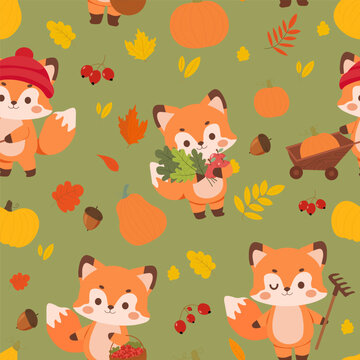 Seamless pattern with foxes and autumn elements such as leaves and berries. Warm tones create a cozy woodland atmosphere. Suitable for textiles, packaging