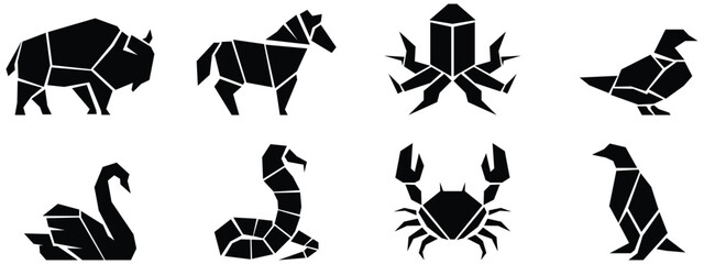 Animal silhouette icon set with geometric wildlife shapes, Bull bird fish and insect minimal symbols, Abstract fauna collection © creatix