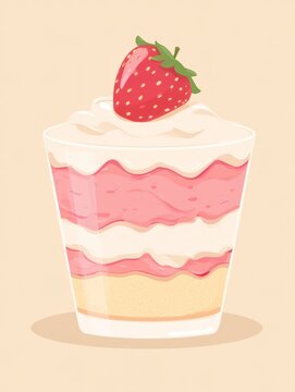 Glass cup holding a sweet layered strawberry trifle dessert with cream and cake