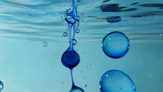 Abstract 4K underwater visual featuring blue oil droplets and rising bubbles against deep blue sky like background creating mesmerizing horizontal pattern of bokeh circles and water drops